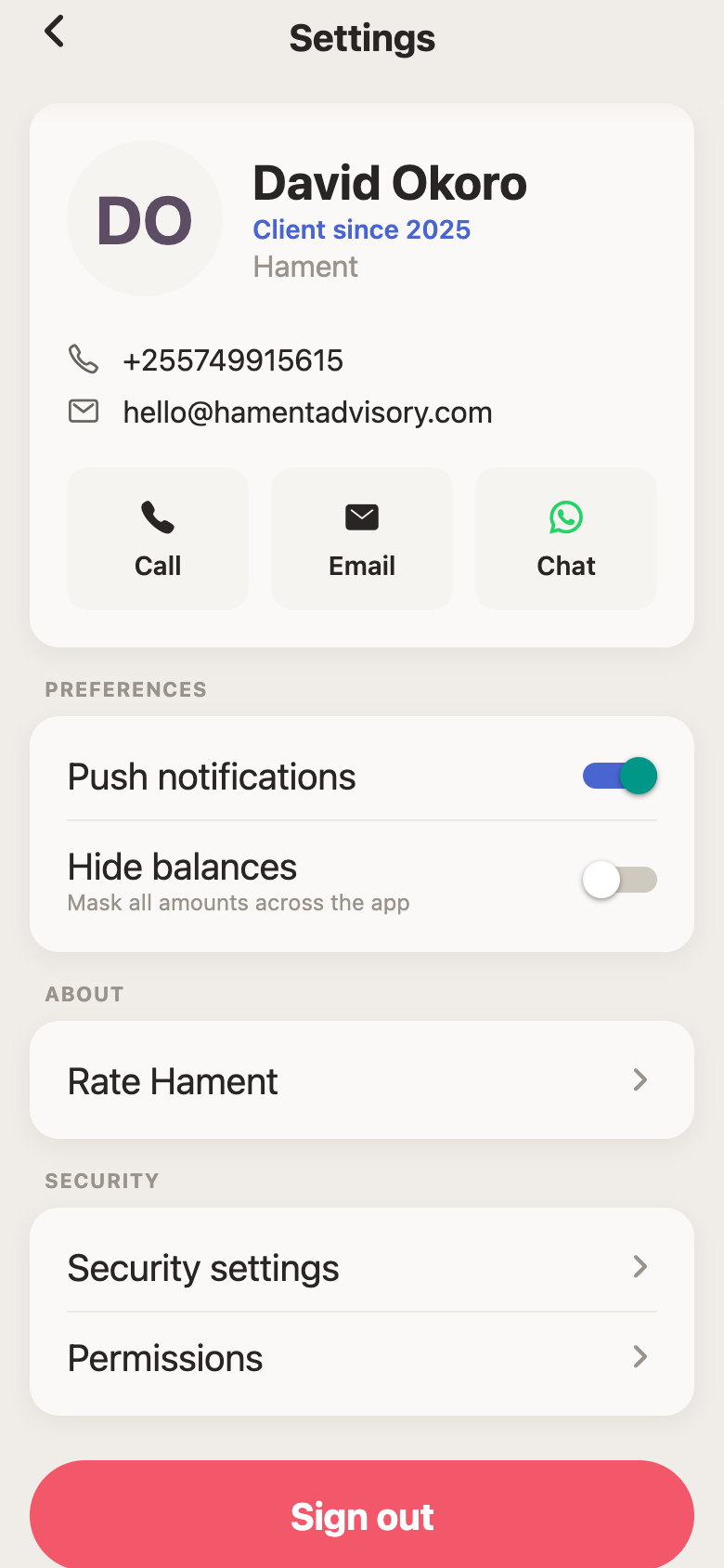 The settings screen showing notification preferences, security options and the sign-out control.